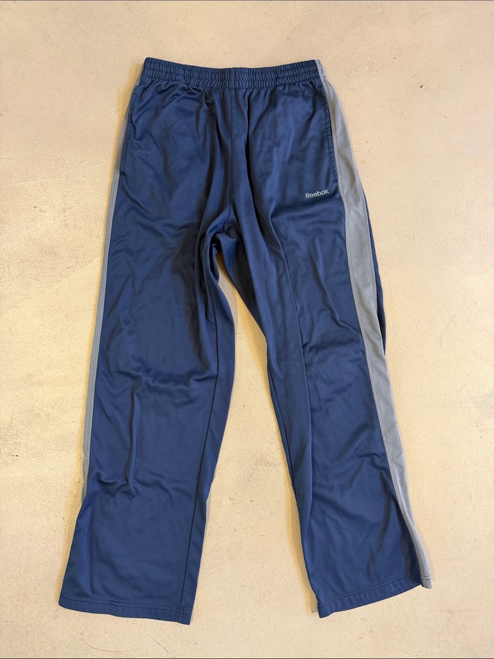 Vintage Reebok Men’s Navy Blue Joggers with Gray Side Stripes